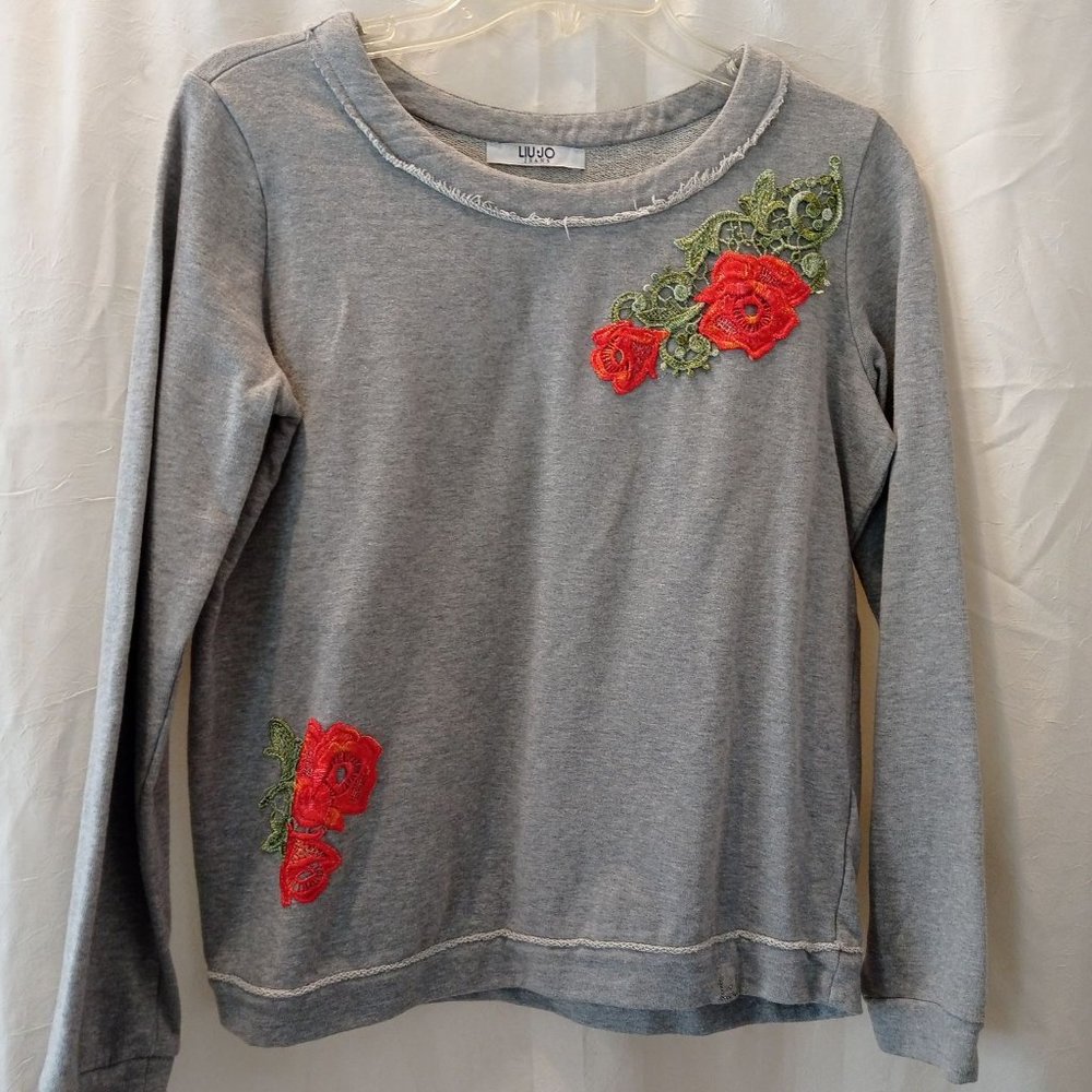 LIU JO Gray Sweatshirt in Gray with Coral Rose Appliqués.  Size S